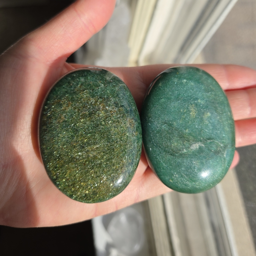 Two Green Fuschite Palm Stones